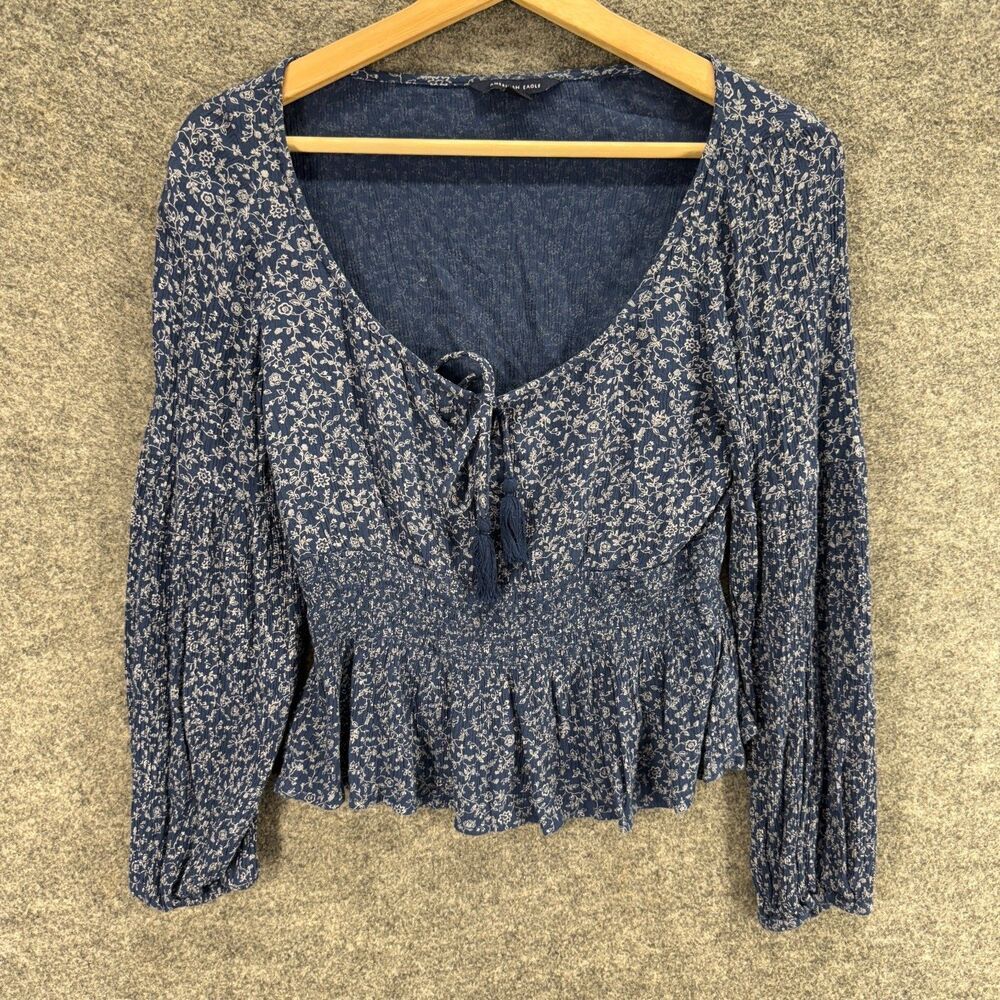 American Eagle Blouse Women S Small Blue Floral Long Sleeve Tasseled Casual
